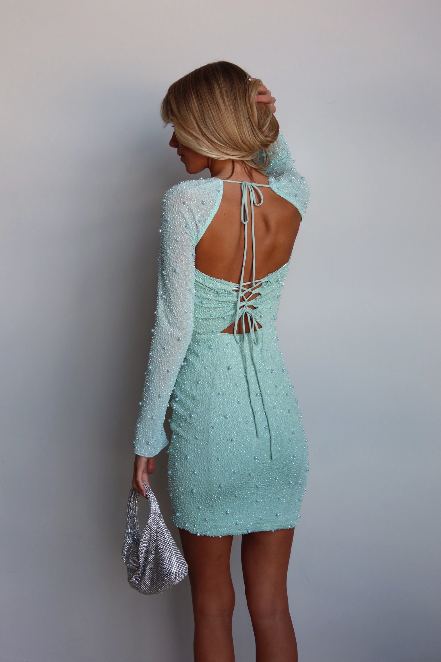 guiana embellished long sleeve mini dress in aqua Embellished Cowl Neck Maxi Dress in Aquamarine - 4