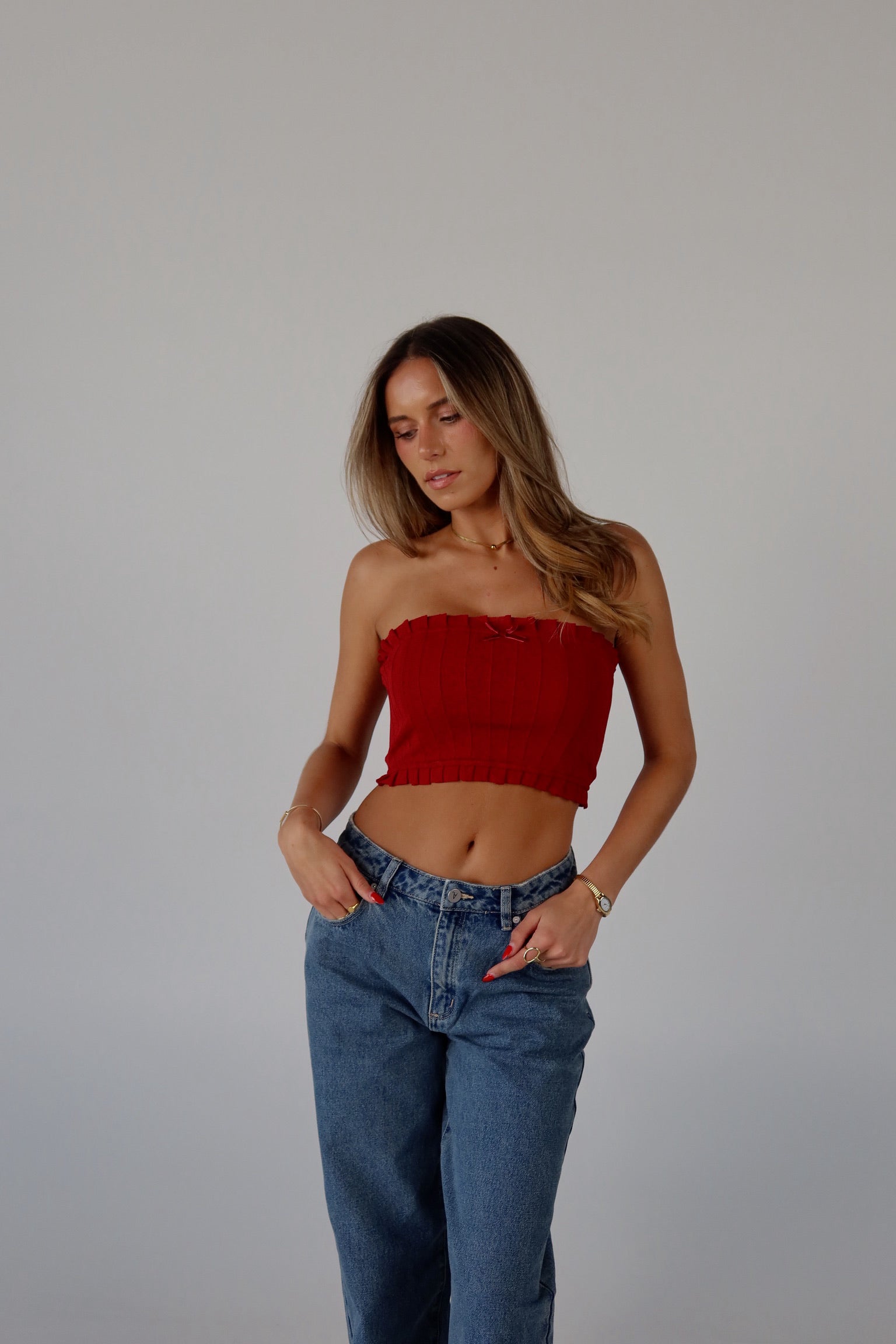 Bow Detail Tube Top in Red