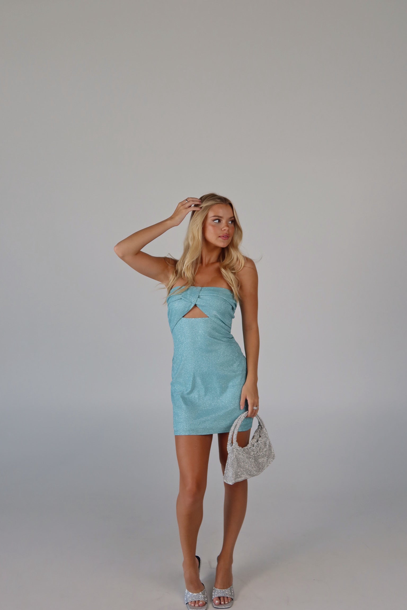 Sabrina Shimmer Mini Dress in Aqua