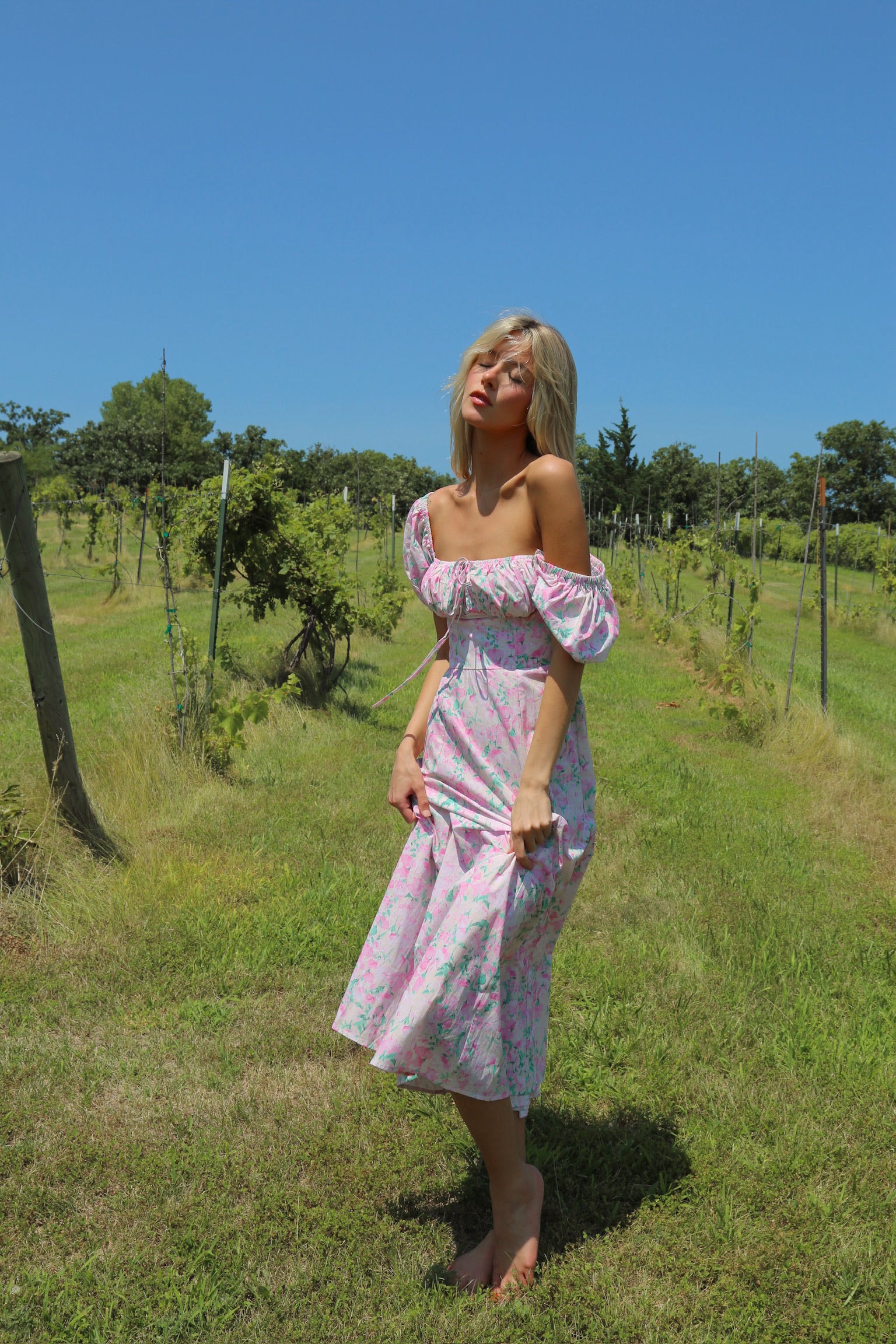 Pink Floral Printed Puff Sleeve Midi Dress Madida Clothing Pink Floral Printed Puff Sleeve Midi Dress Madida Clothing