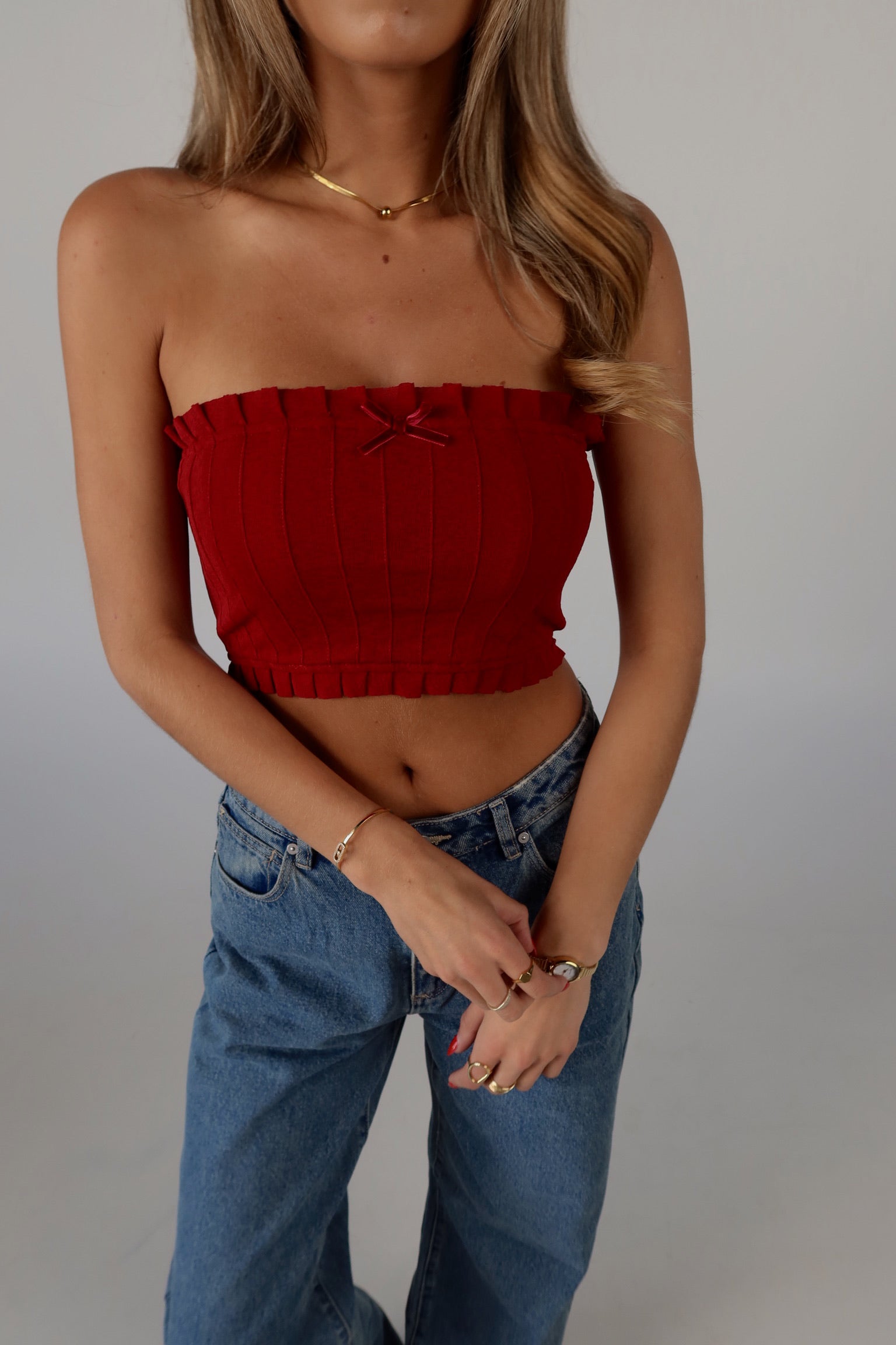 Bow Detail Tube Top in Red