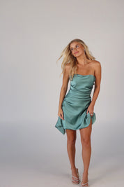 Talon Satin Mini Dress in Teal