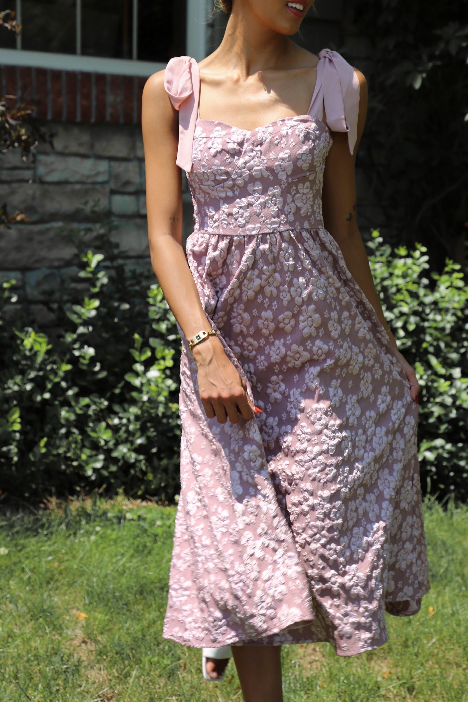 Mauve Pink Jacquard Midi Dress