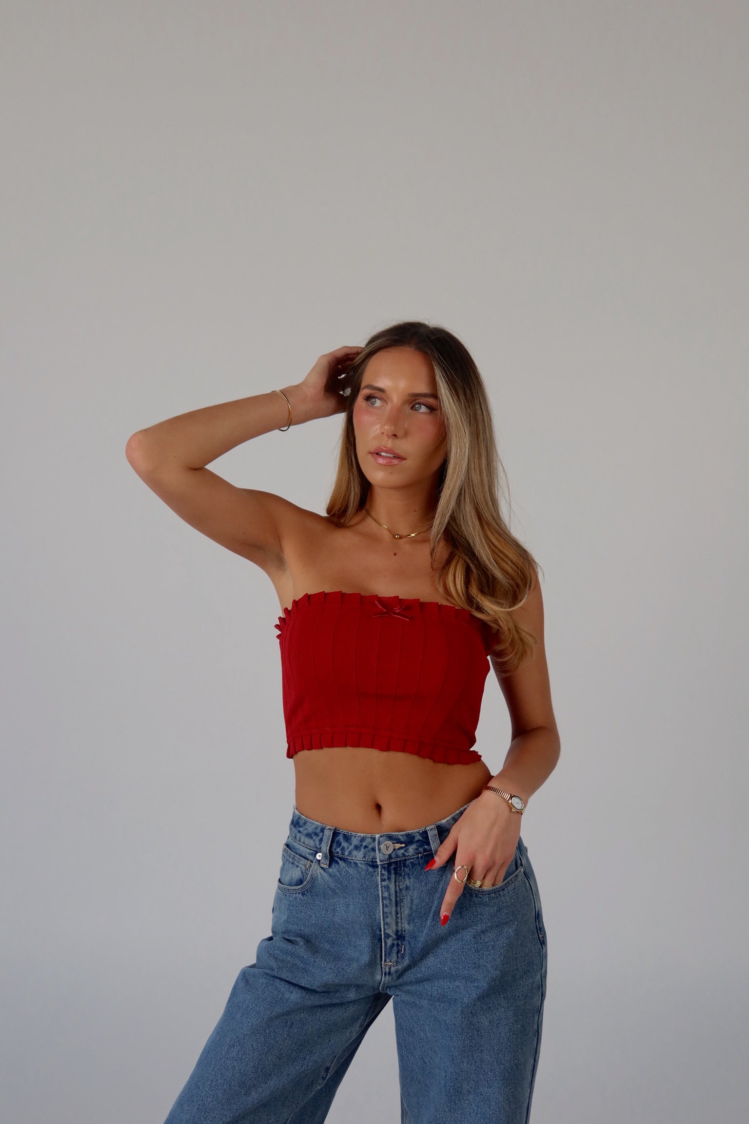 Bow Detail Tube Top in Red