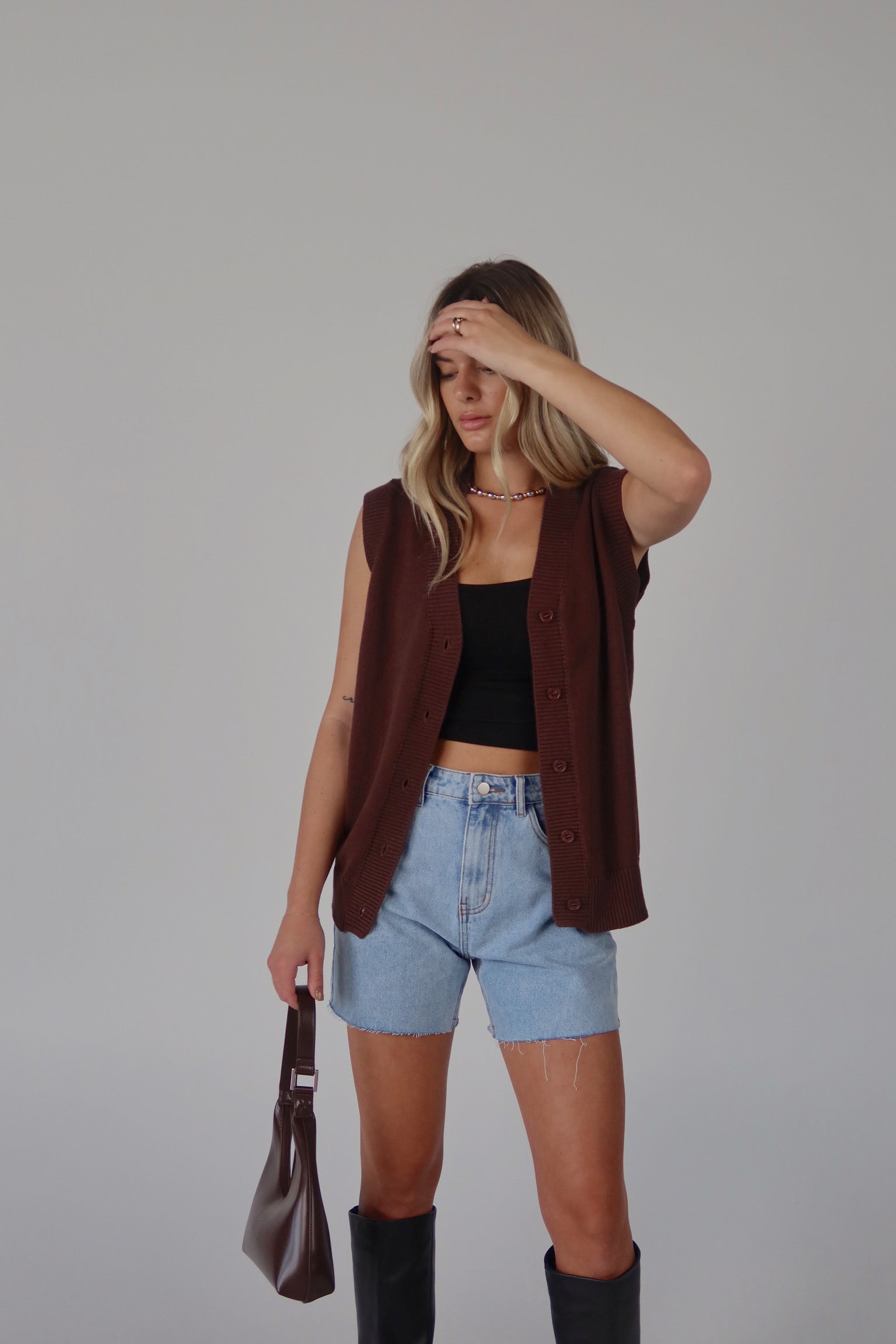 Brown Sleeveless Button-Down Sweater