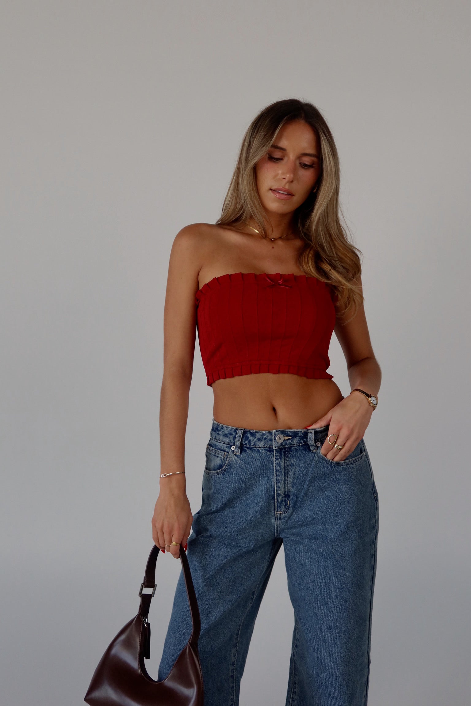 Bow Detail Tube Top in Red