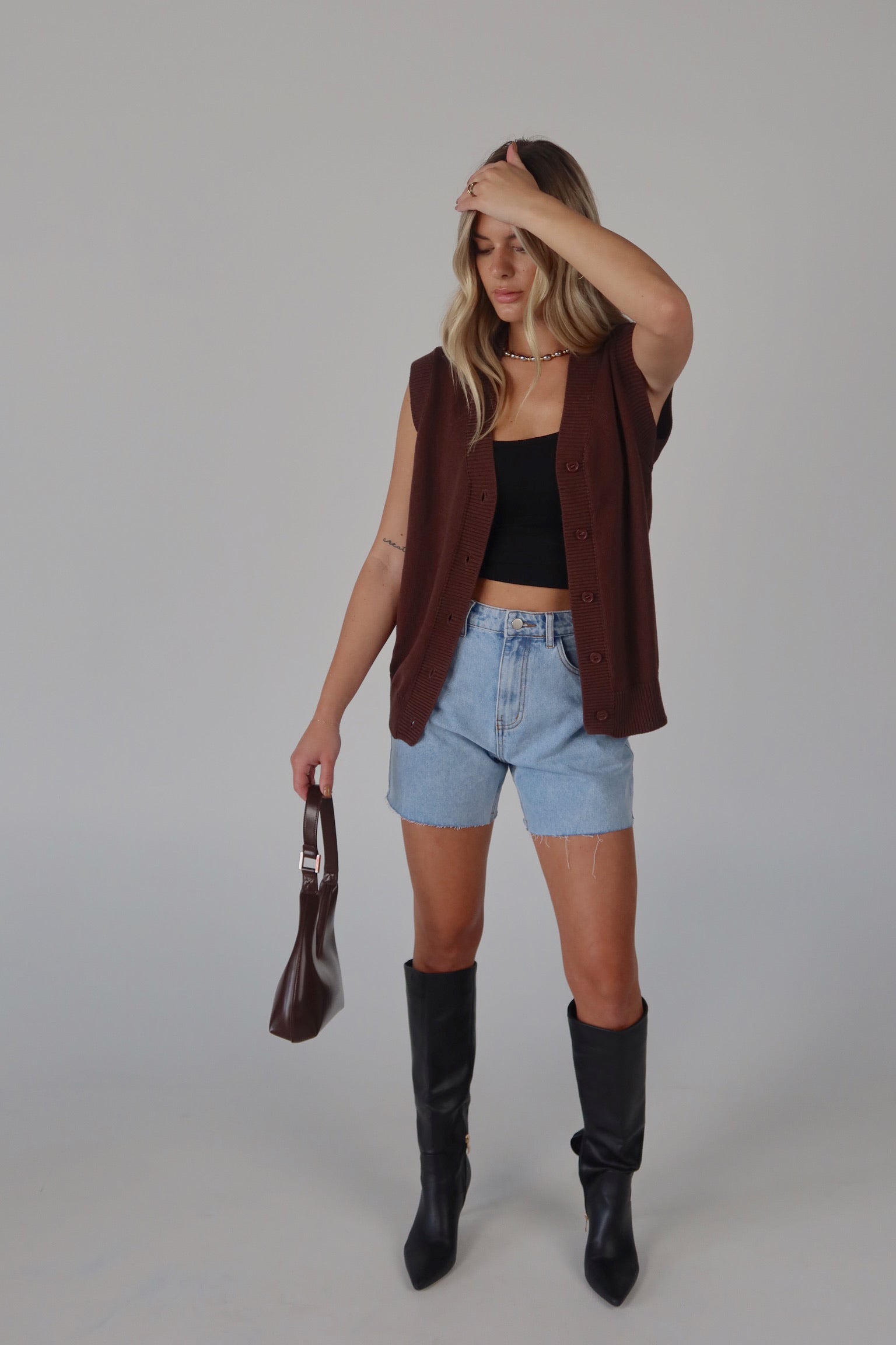 Brown Sleeveless Button-Down Sweater