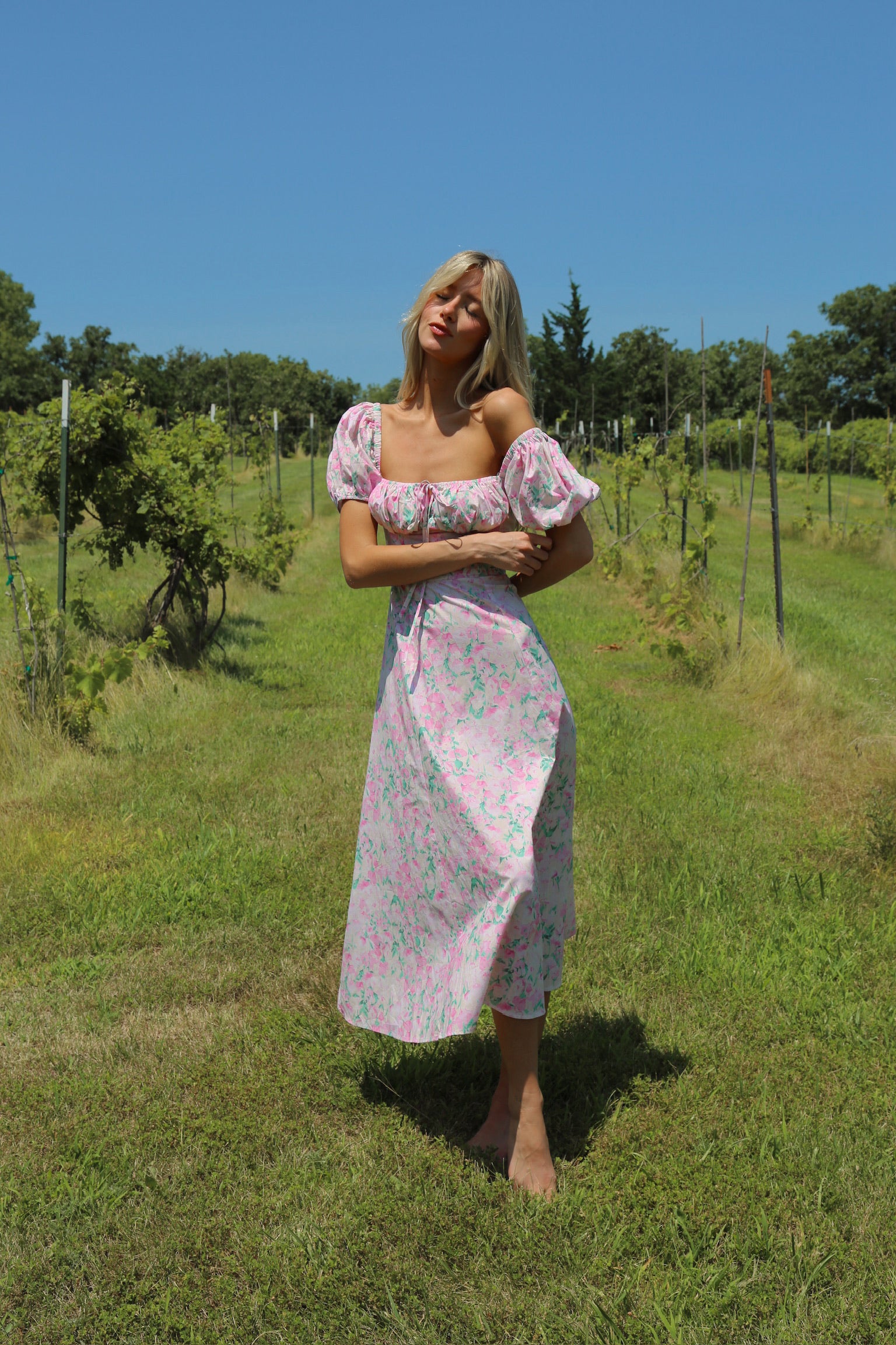 Pink Floral Printed Puff Sleeve Midi Dress Madida Clothing Pink Floral Printed Puff Sleeve Midi Dress Madida Clothing