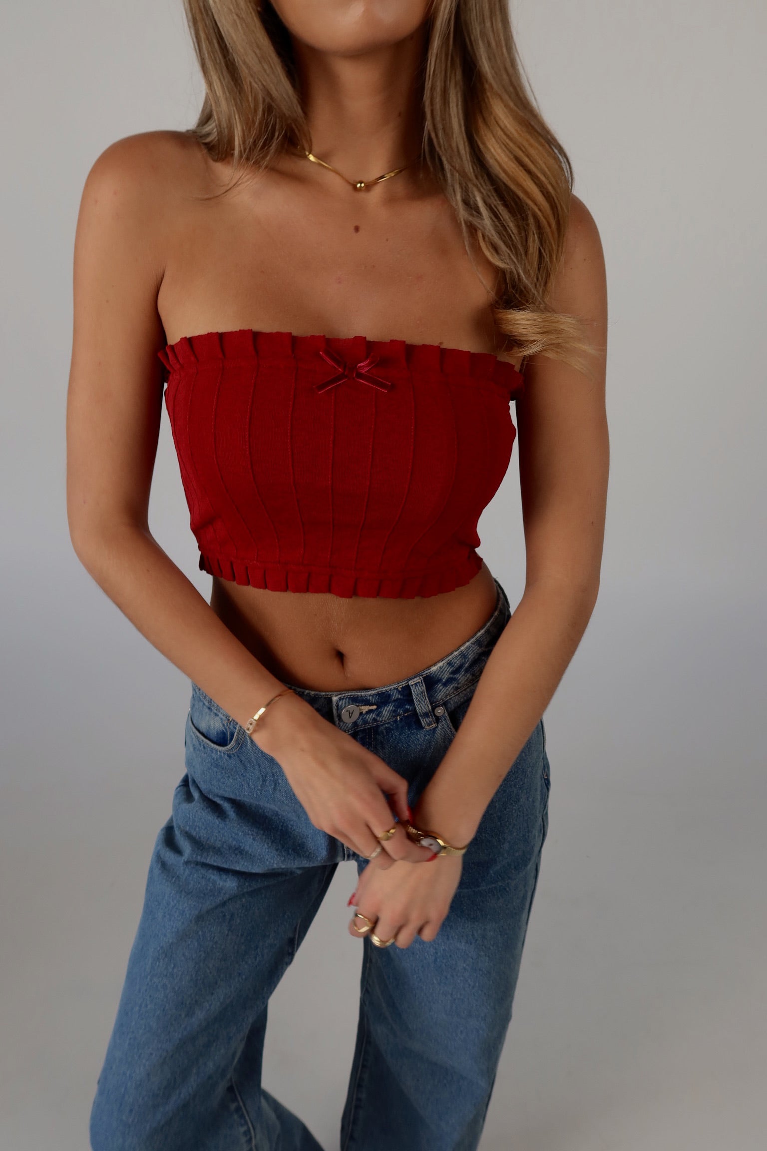 Bow Detail Tube Top in Red