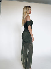 Olive Ruched Midi Dress