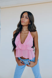 Pretty Sweet Pink Ruffle Halter Top