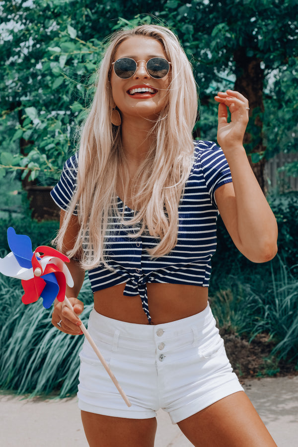 SALE:Blue Tie Breaker Stripe Crop Tee