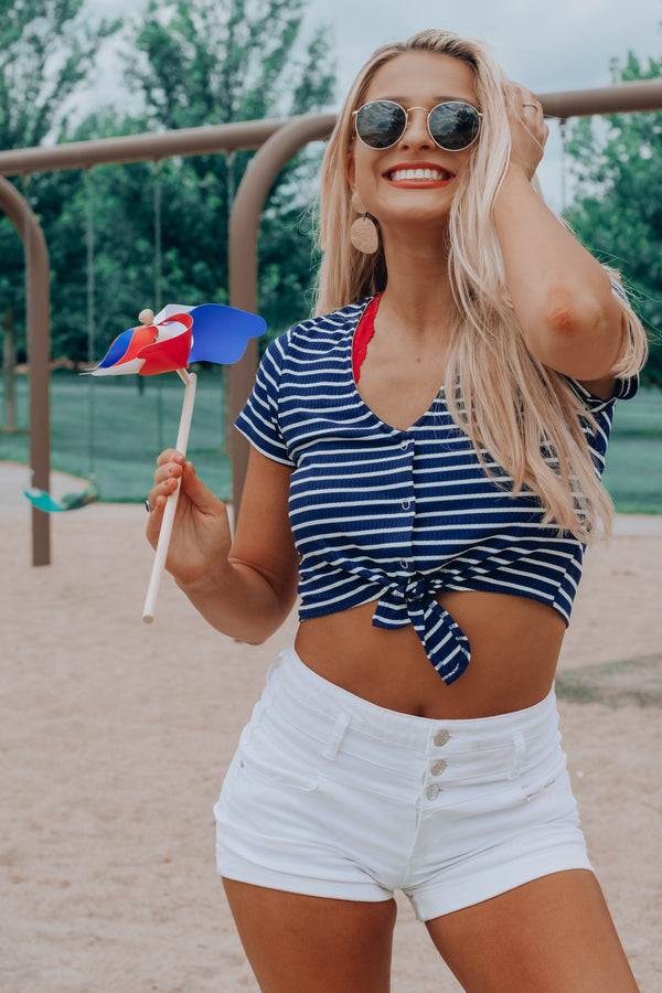 SALE:Blue Tie Breaker Stripe Crop Tee