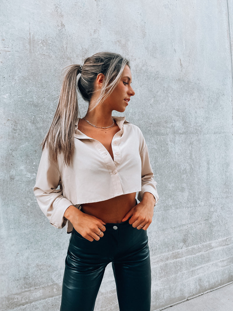 Taupe Cropped Button Down