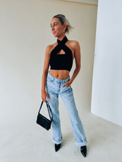 Kashmira Crossed Halter Crop In Black