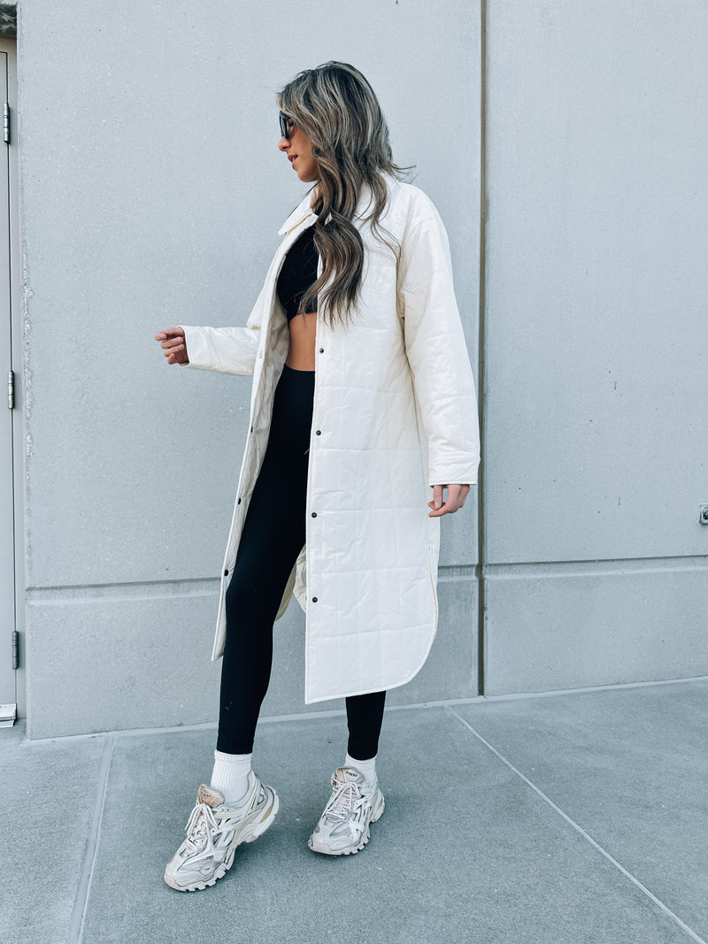 SALE : Long Quilted Coat In White