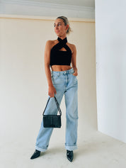 Kashmira Crossed Halter Crop In Black