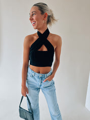Kashmira Crossed Halter Crop In Black