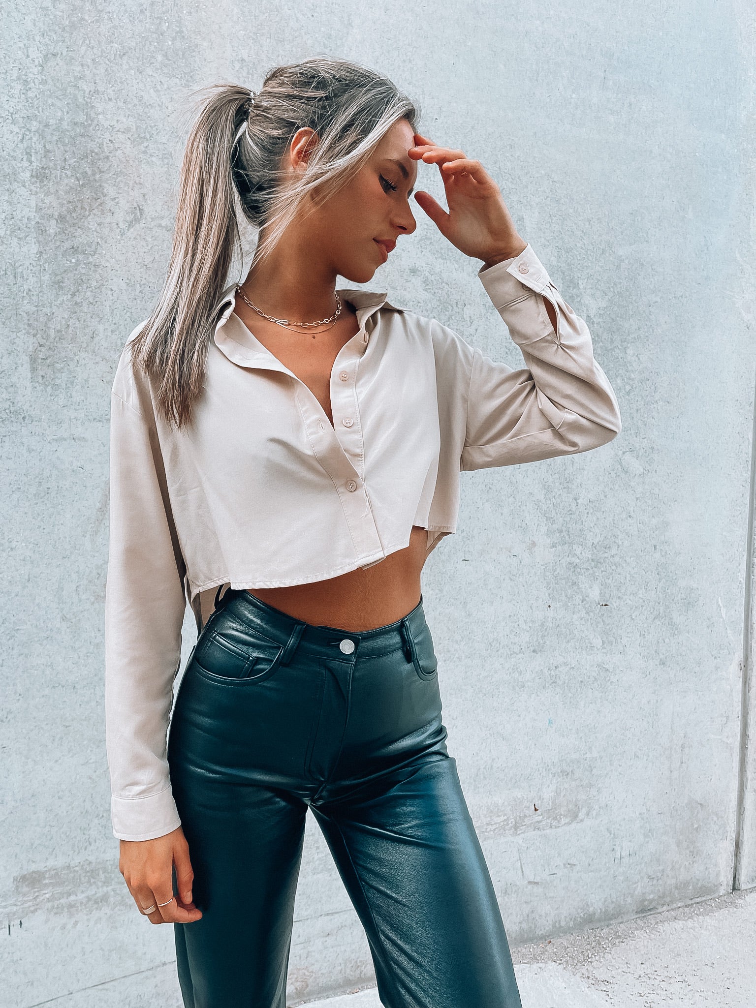 SALE :Taupe Cropped Button Down