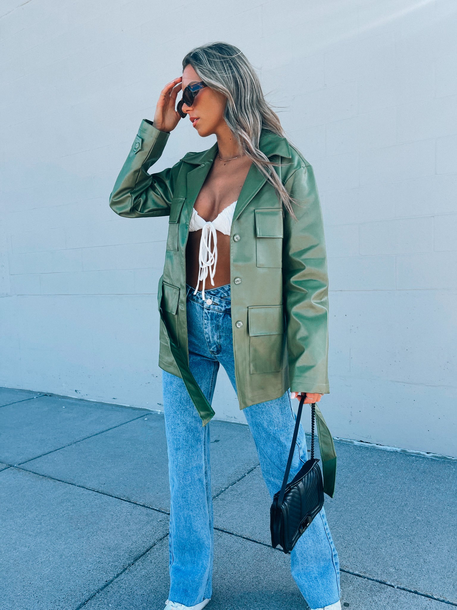 Green Pleather Belted Shacket