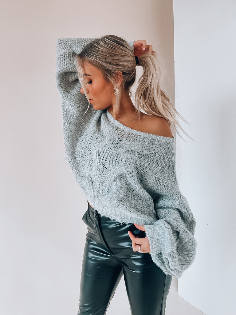 Grey sweater “oversized high roll knit pull over” & silver shoulder ba, Sweater