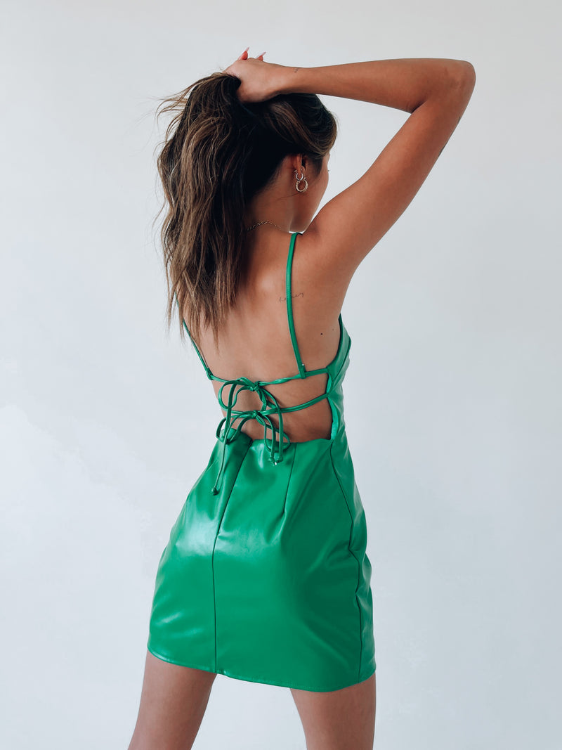 Leyna Leather Mini Dress In Green