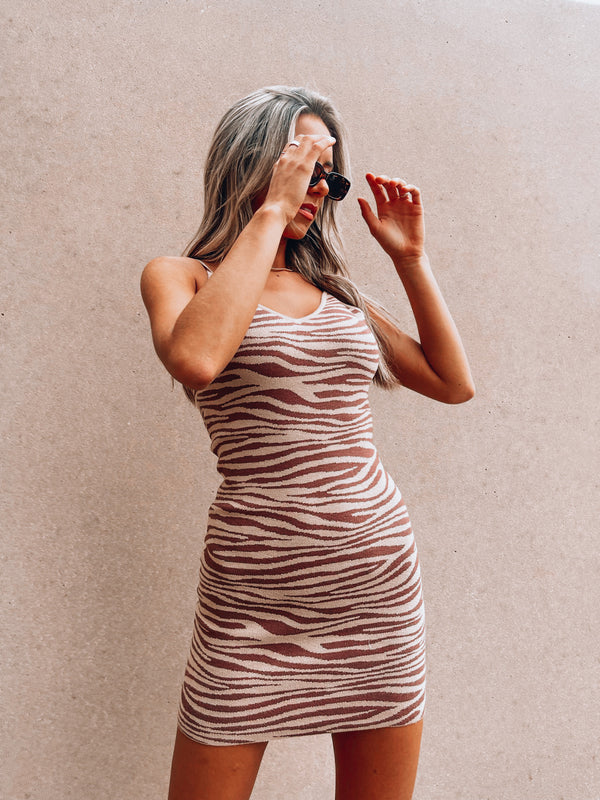 SALE :Beige Zebra Print Knit Dress