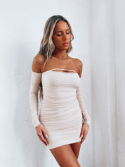 SALE :Cece Long Sleeve Beige Mini Dress