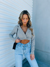 Black And White Checkered Long Sleeve Crop