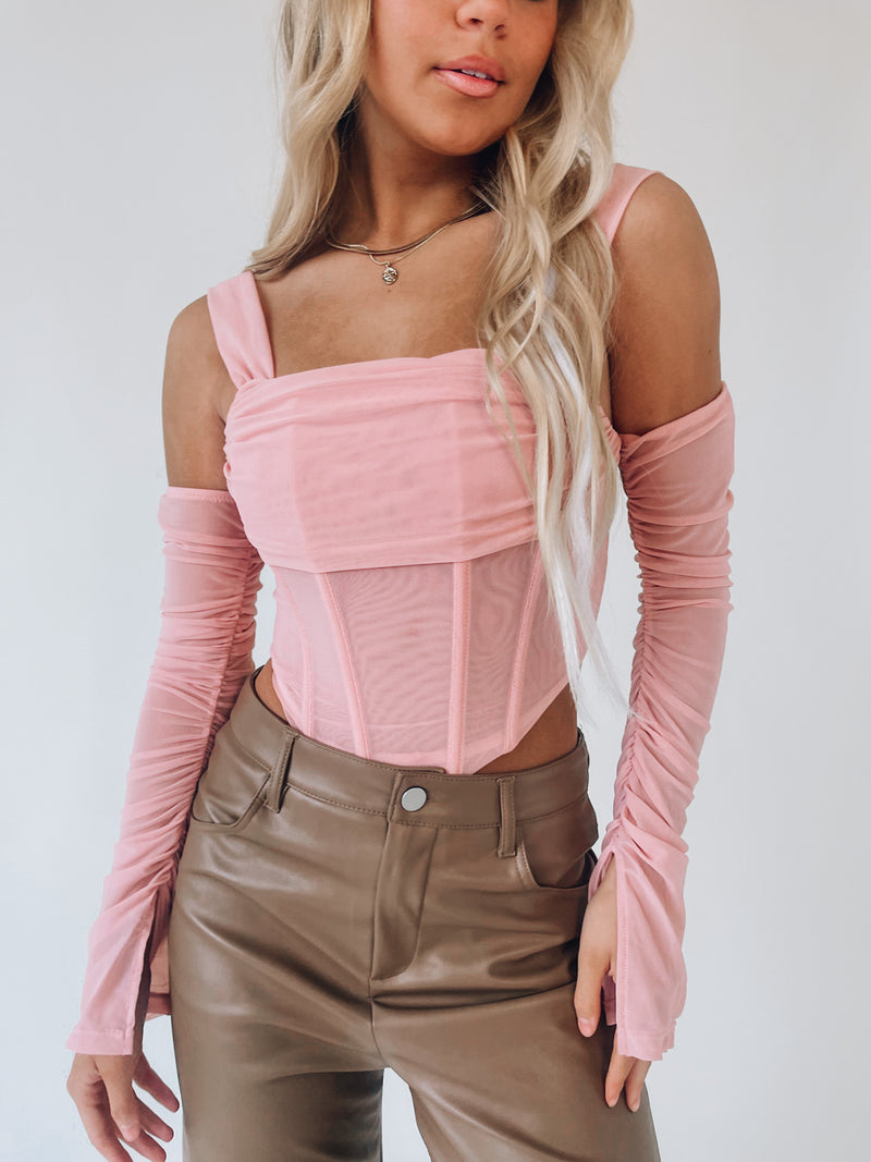 Cotton Candy & Champs Baby Pink Bustier Off The Shoulder Mesh Long