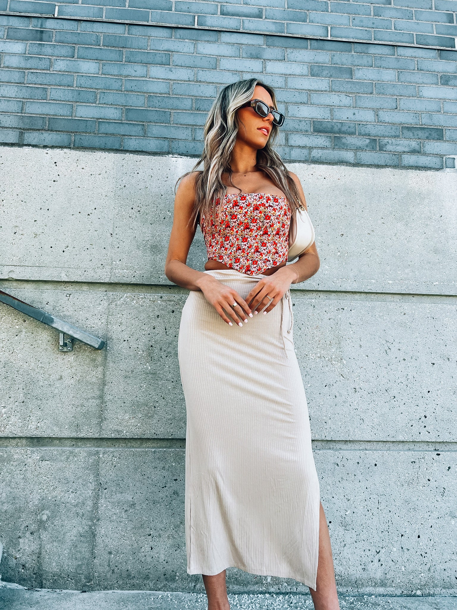 Liana Ribbed Taupe Midi Skirt