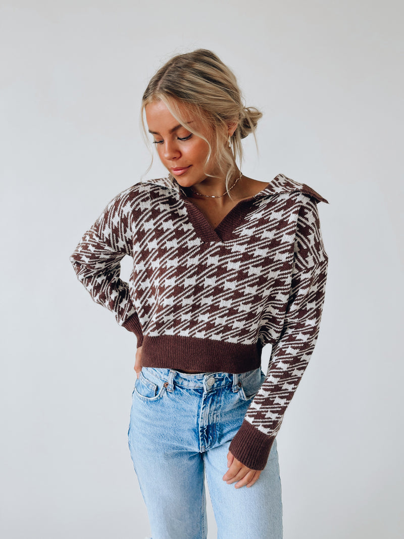Houndstooth Collared Knit Top