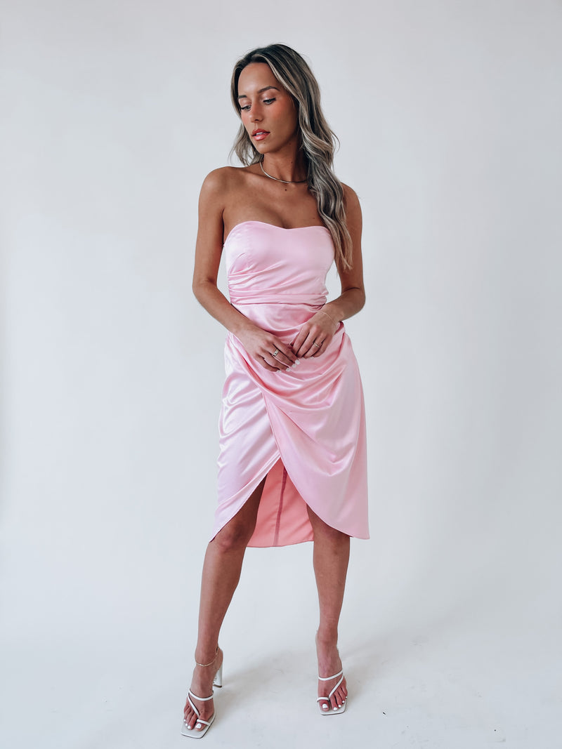 SALE :Viviann Silk Strapless Midi Dress