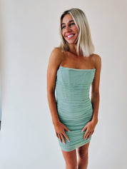 Brinlee Ruched Strapless Mini Dress In Sage