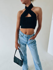 Kashmira Crossed Halter Crop In Black