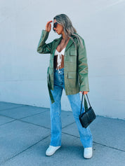 Green Pleather Belted Shacket