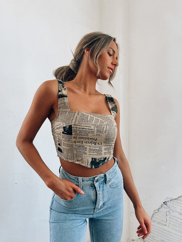SALE :News Print Cropped Bustier Top
