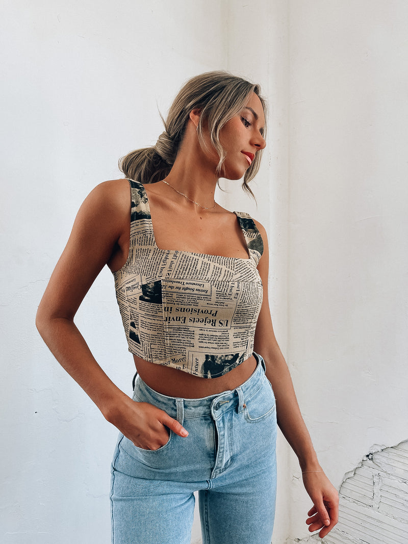 News Print Cropped Bustier Top