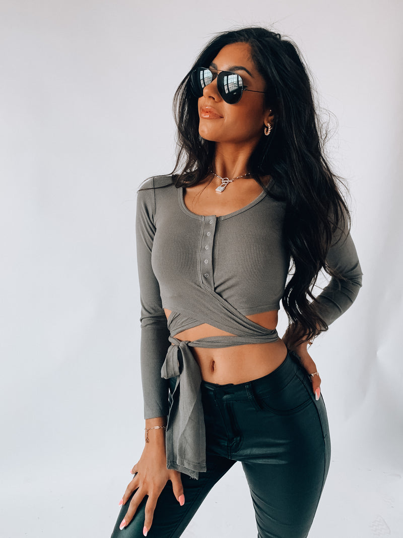 SALE: Olive Cropped Henley Wrap Top – Madida Clothing