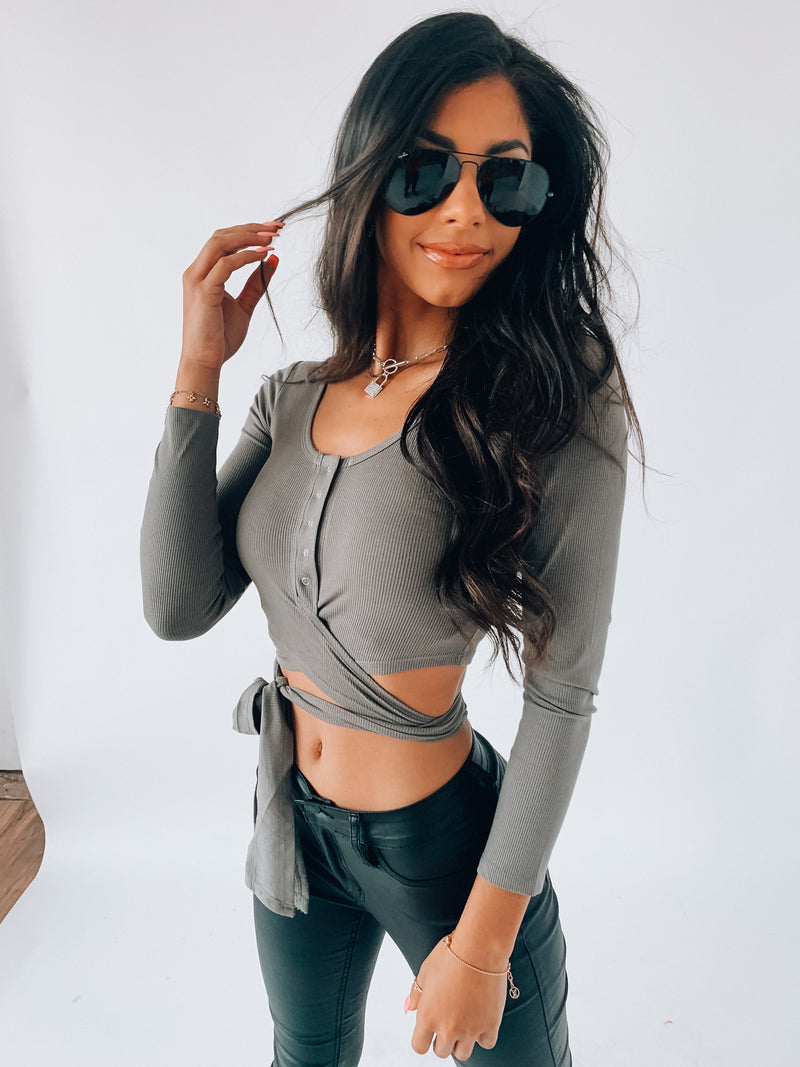 SALE: Olive Cropped Henley Wrap Top