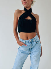 Kashmira Crossed Halter Crop In Black