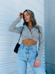 Black And White Checkered Long Sleeve Crop