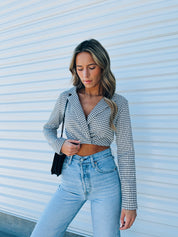 Black And White Checkered Long Sleeve Crop