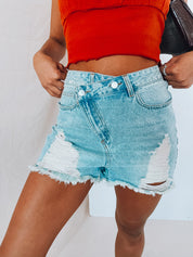 RESTOCKED: Light Wash Asymmetrical Denim Shorts