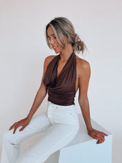 Fayley Cowl Neck Halter Top In Brown
