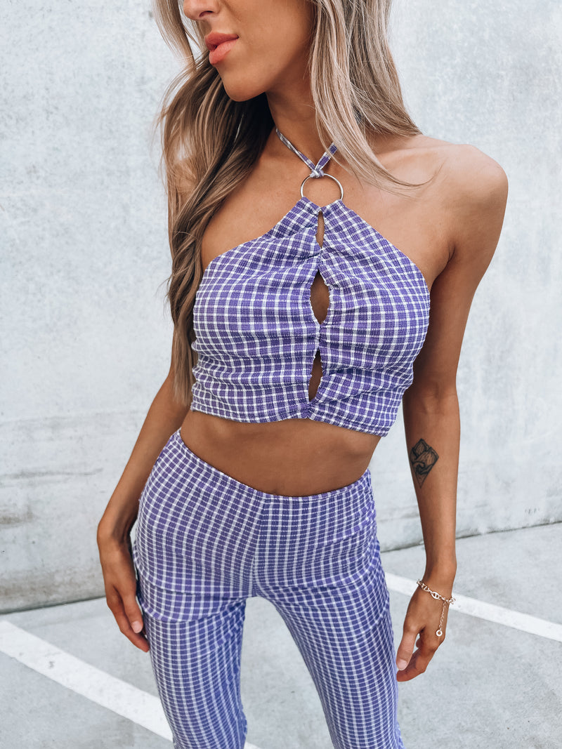 SALE :Paxtyn Gingham Cut Out Halter Top