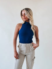 Ribbed Sleeveless Bodysuit In Navy