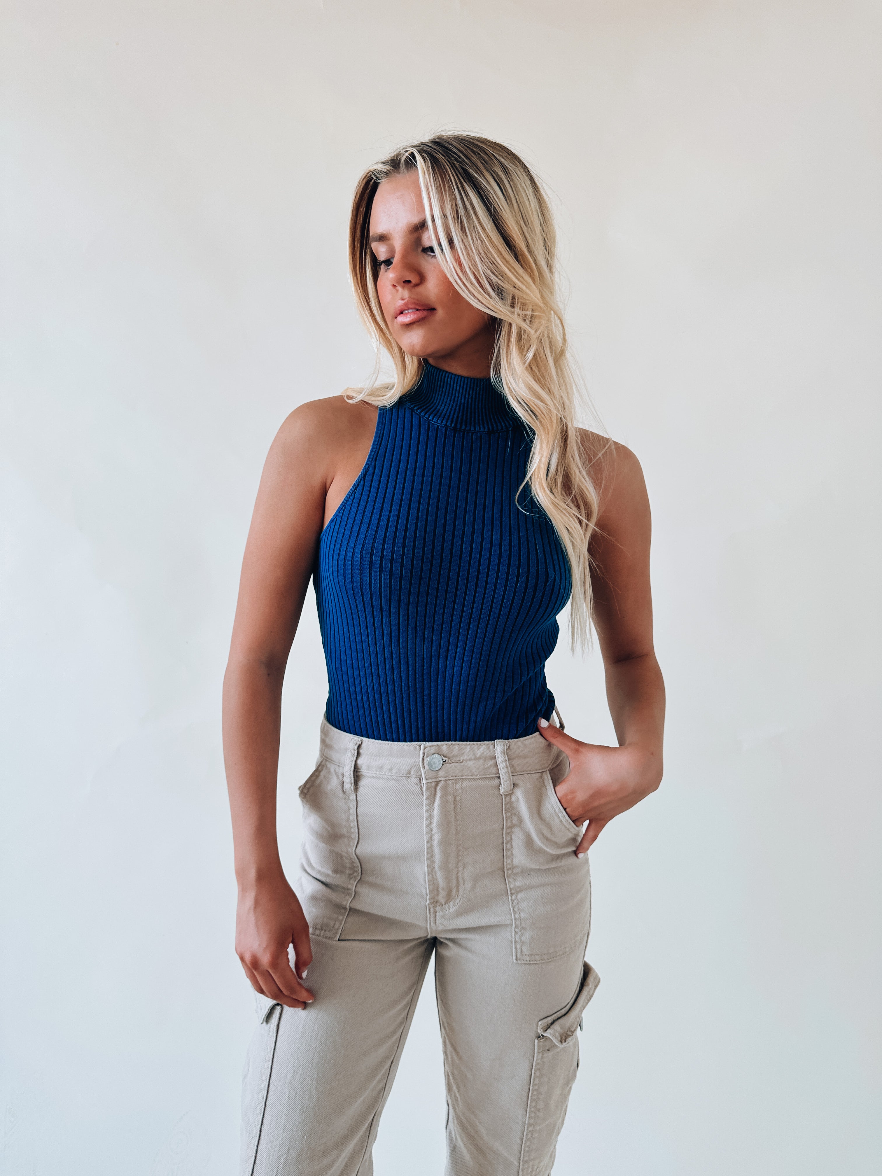 Ribbed Sleeveless Bodysuit In Navy