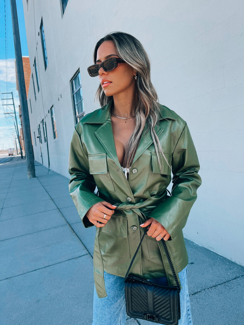 Green Pleather Belted Shacket