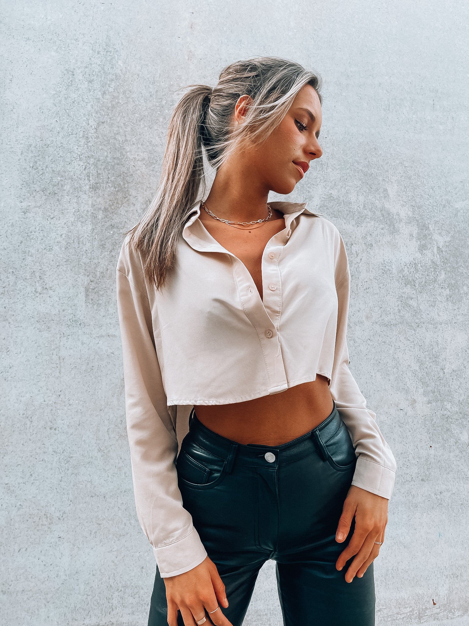 SALE :Taupe Cropped Button Down